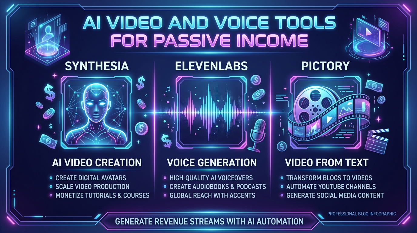 AI Video and Voice Tools: Synthesia, ElevenLabs, Pictory for passive income