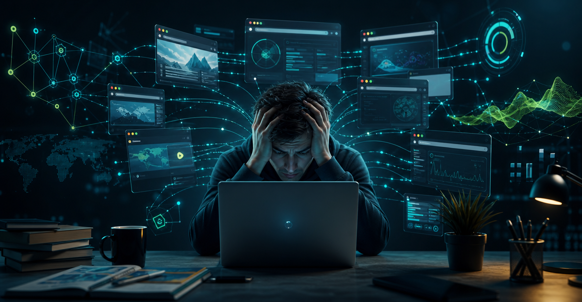 overwhelmed freelancer multiple browser tabs open