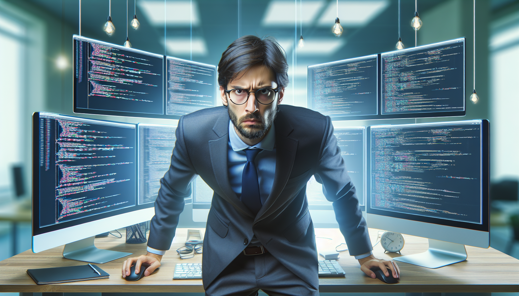 frustrated developer switching between multiple screens