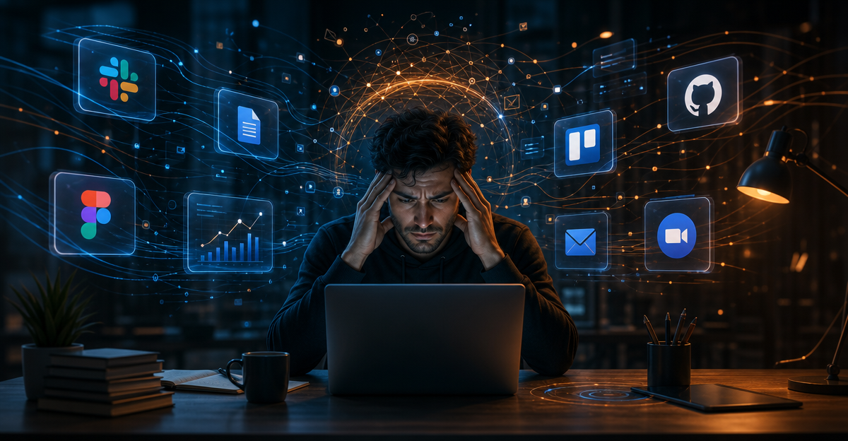 overwhelmed freelancer switching between apps