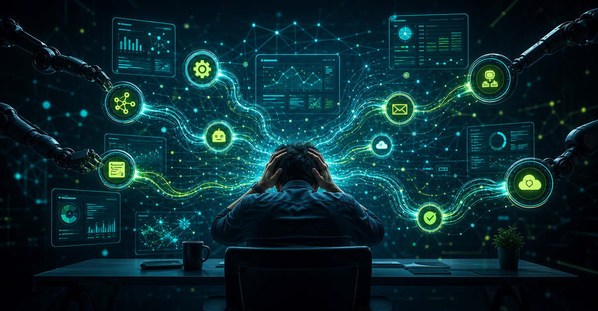 overwhelmed person multiple automation tools