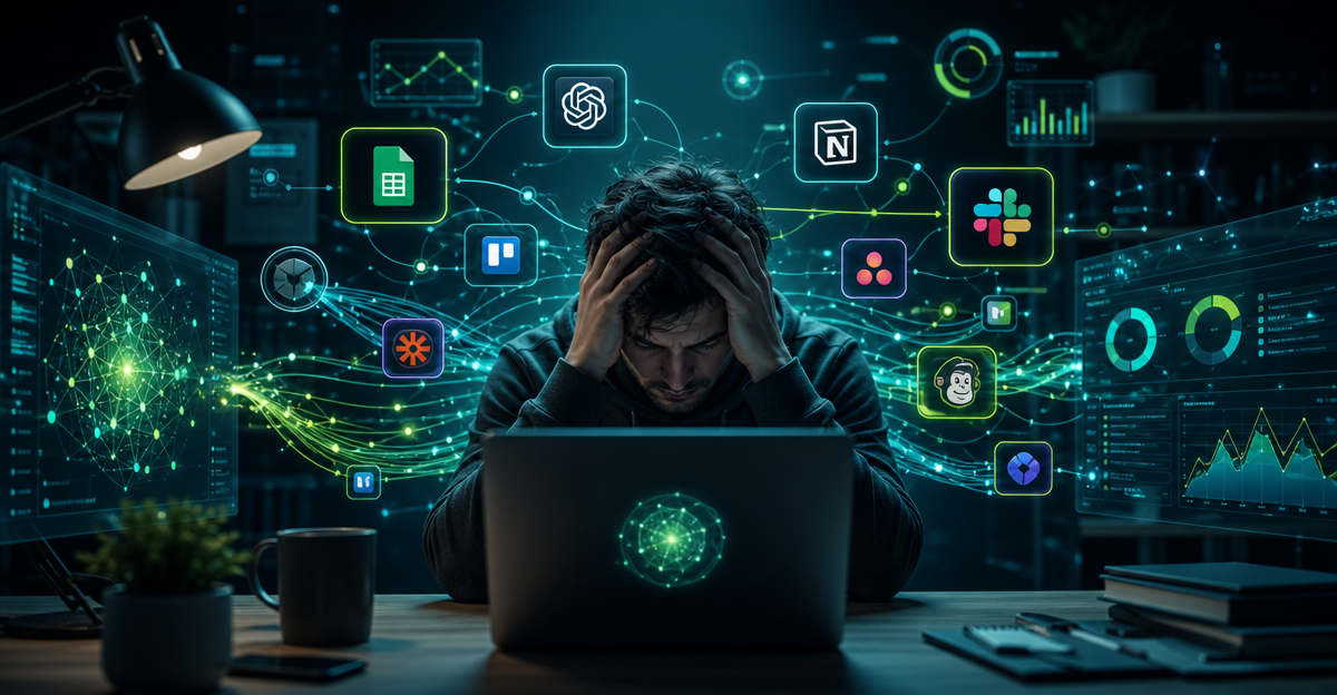 overwhelmed freelancer multiple automation tools