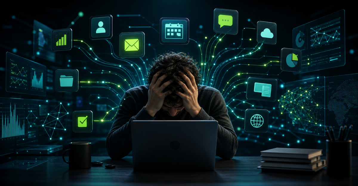 overwhelmed person managing multiple apps