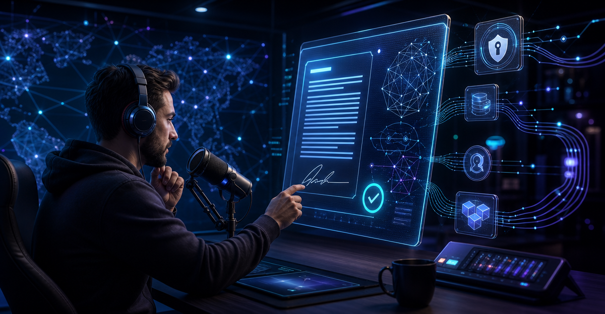 podcaster reading digital contract screen