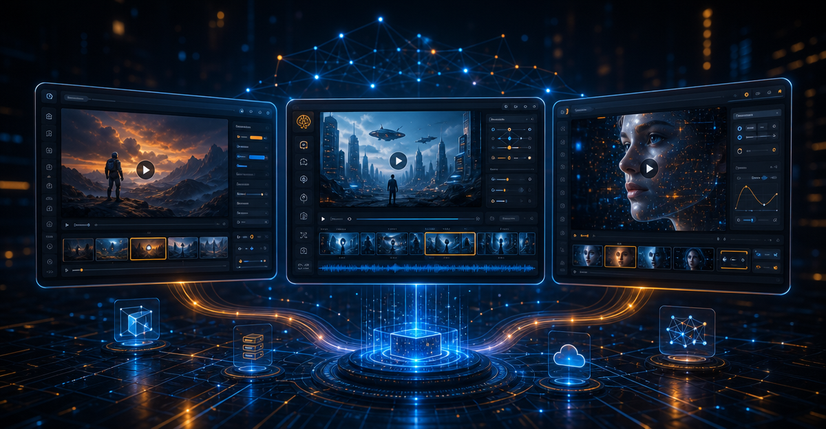 three AI video tool interfaces