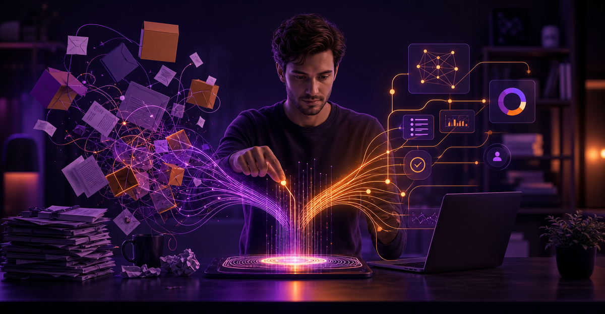solo creator simplifying cluttered workspace
