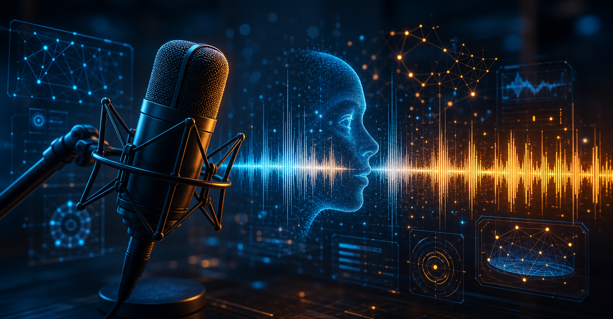 podcaster microphone AI voice waveform