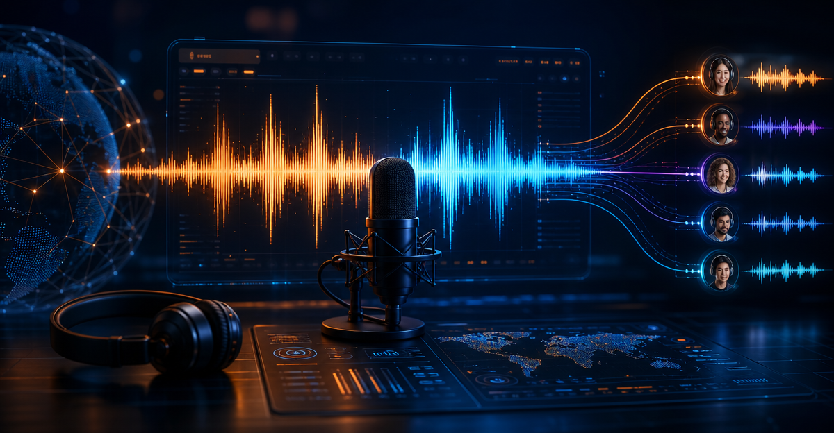 multilingual podcast audio waveform screen