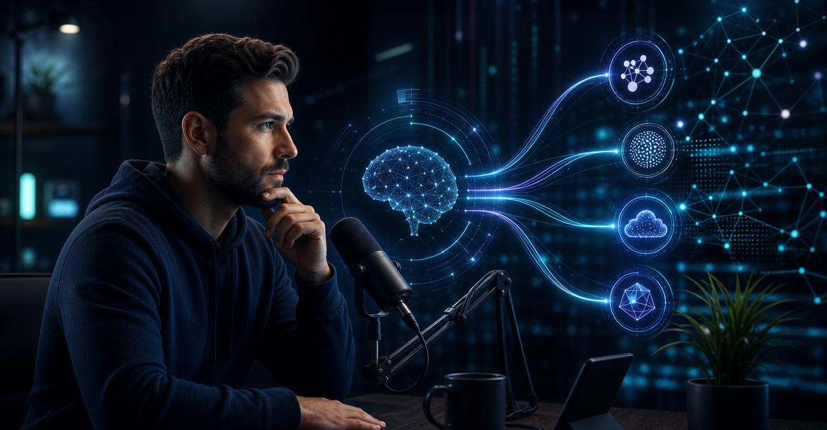 podcaster facing microphone deciding