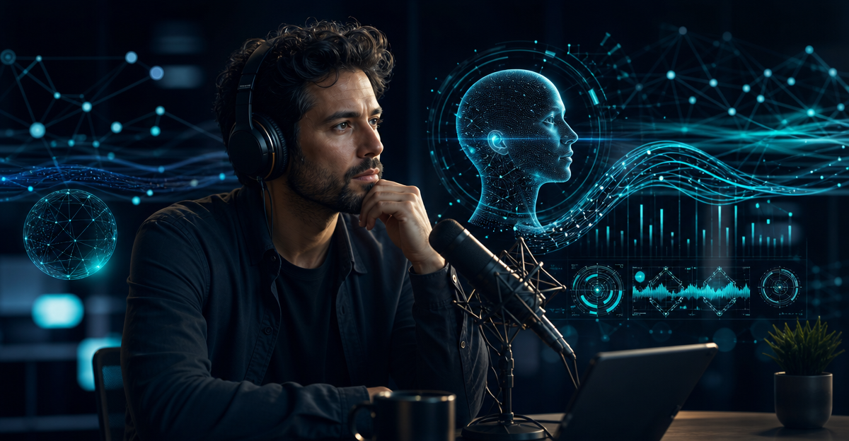 podcaster listening headphones thoughtful