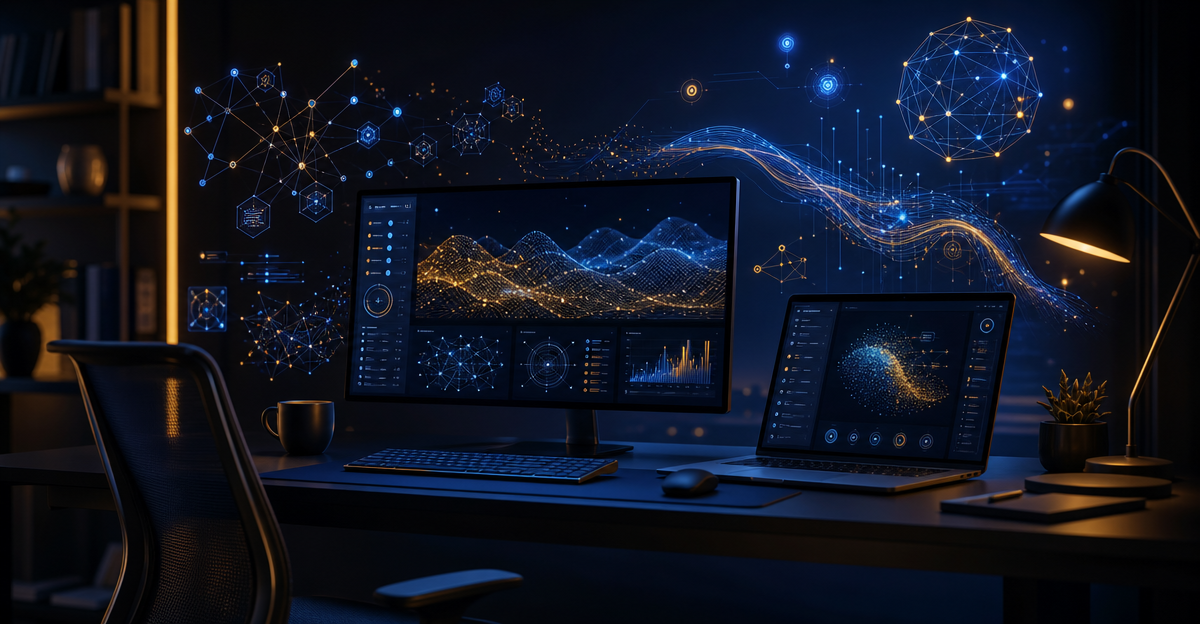 minimal creator workspace two screens