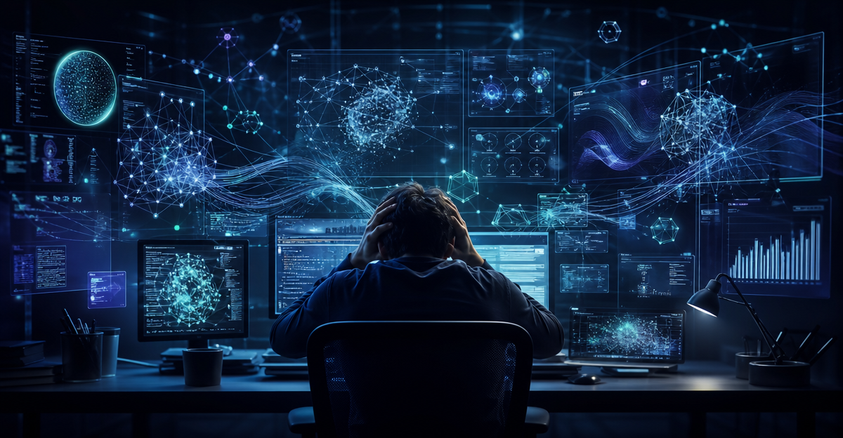 creator overwhelmed by digital screens
