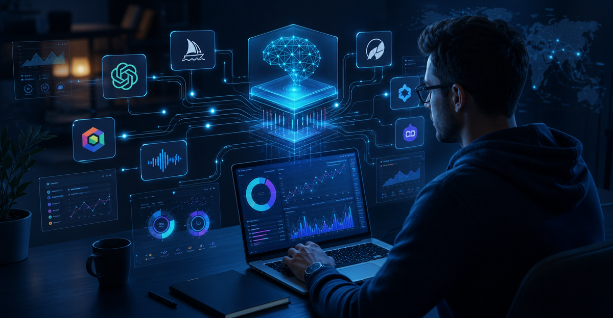 freelancer auditing AI tool stack laptop