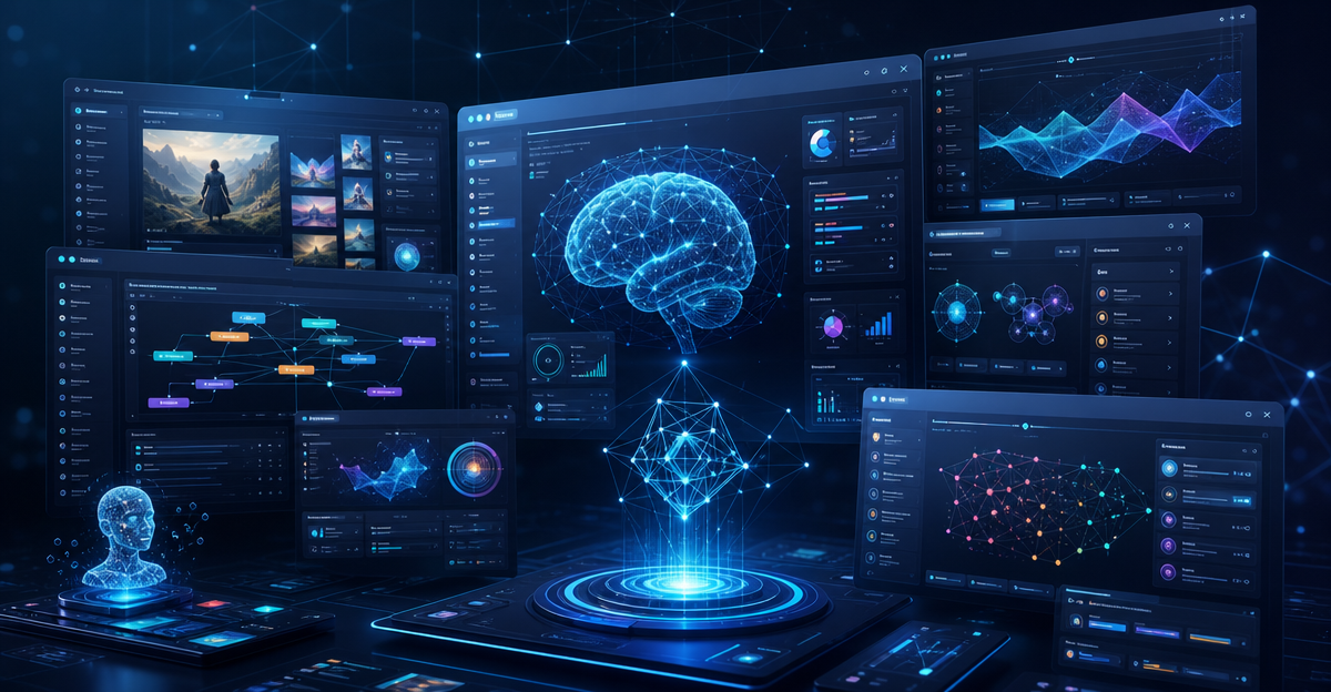 cluttered AI tool dashboard screens